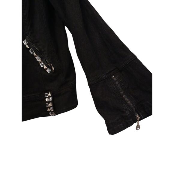 DG2 Y2K Denim Jacket Sz M BLACK Punk Rock Boxy Moto BLING BEADED Goth Retro VNTG - Picture 6 of 15